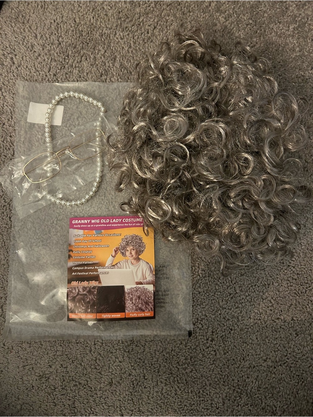 Granny Costume Set Gray Curly Wig Glasses Pearls Old Lady